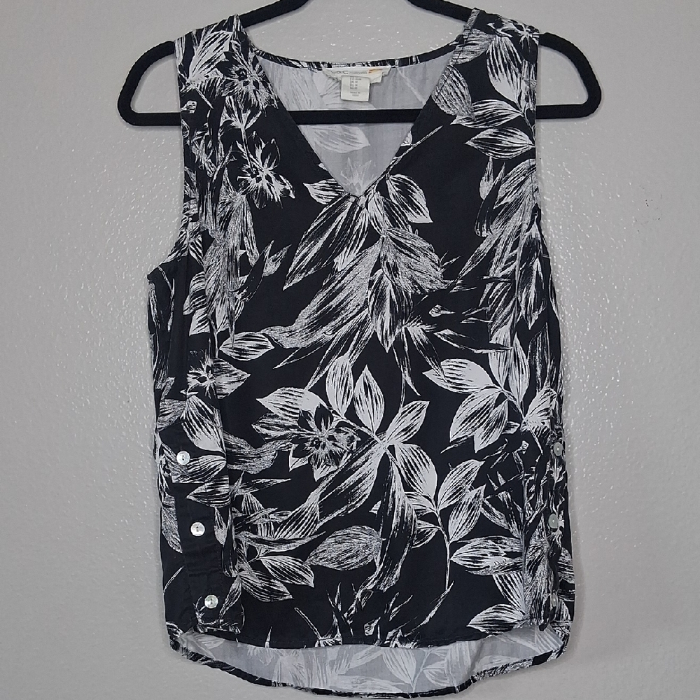 C&C California Lyocell Tank Top Black & White Floral Button Side Medium